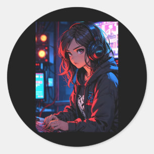 Retro Anime Mädchen Gamer Cyberpunk Streaming Setu Runder Aufkleber