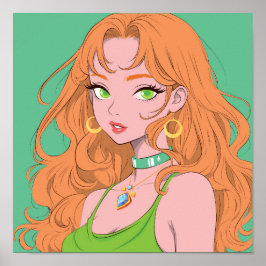 Retro-Anime-Mädchen mit ingwerfarbenem Haar und gr Poster