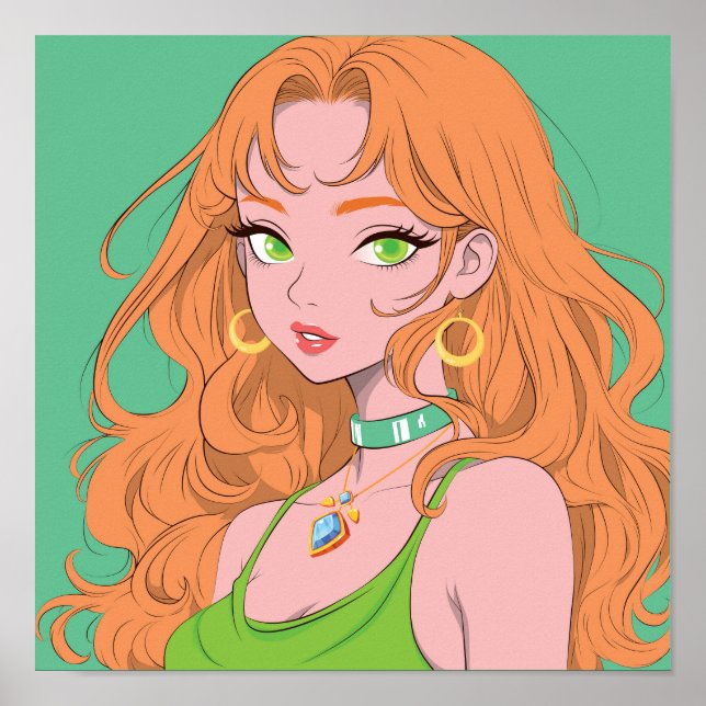 Retro-Anime-Mädchen mit ingwerfarbenem Haar und gr Poster (Vorne)