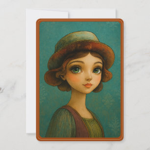 Retro-Anime-Schöne-Frau-mit-Hut-vintage-whimsisch Feiertagskarte