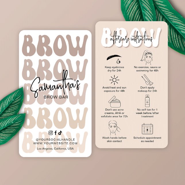 Retro-Anleitung für die angesagte Beige-Pfanne Visitenkarte (Microneedling aftercare cards for brow salons, featuring retro fonts in beige and white)