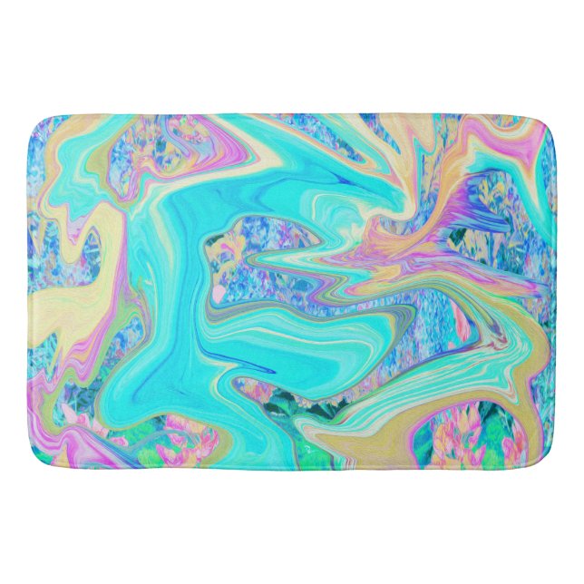 Retro Aqua Blue Liquid Art on Abstrakt Hydrangeas Badematte (Vorderseite)