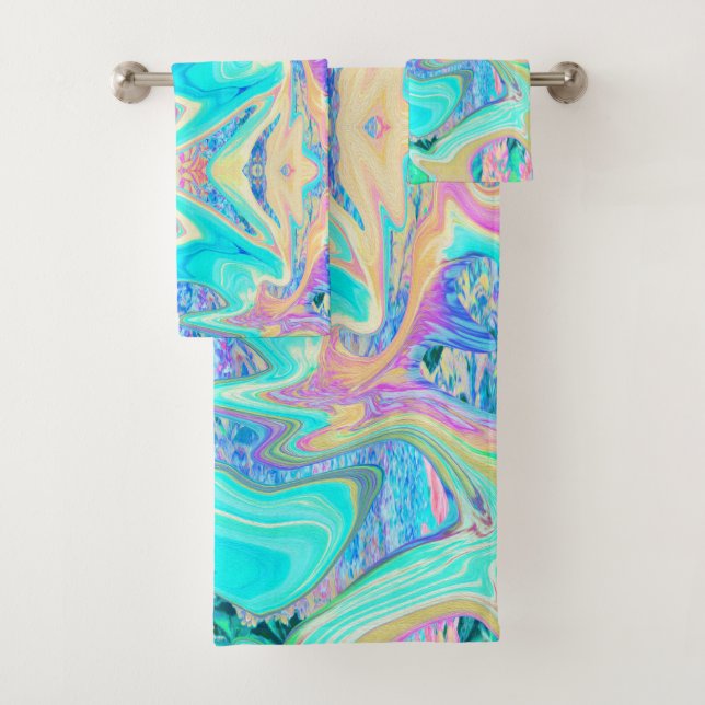 Retro Aqua Blue Liquid Art on Abstrakt Hydrangeas Badhandtuch Set (Insitu)