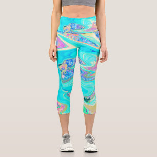 Retro Aqua Blue Liquid Art on Abstrakt Hydrangeas Capri Leggings