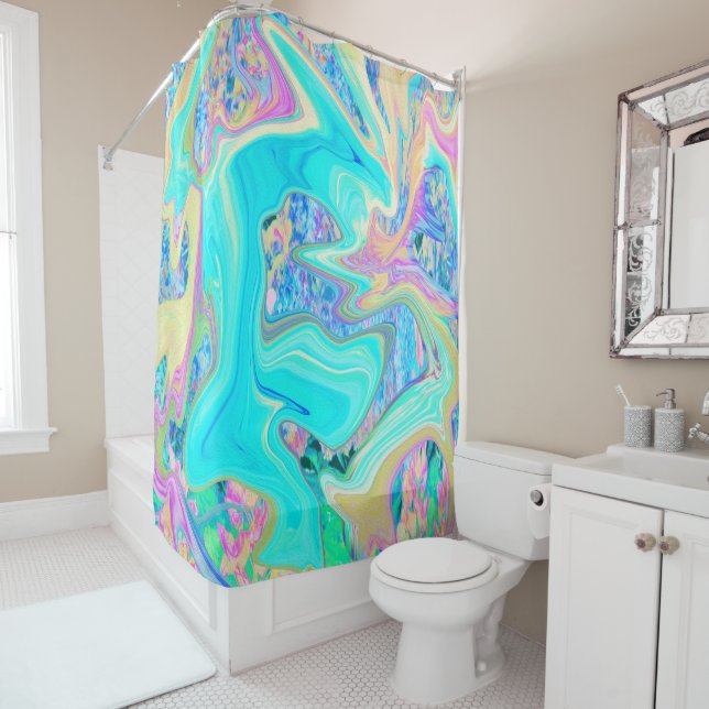 Retro Aqua Blue Liquid Art on Abstrakt Hydrangeas Duschvorhang (Beispiel)