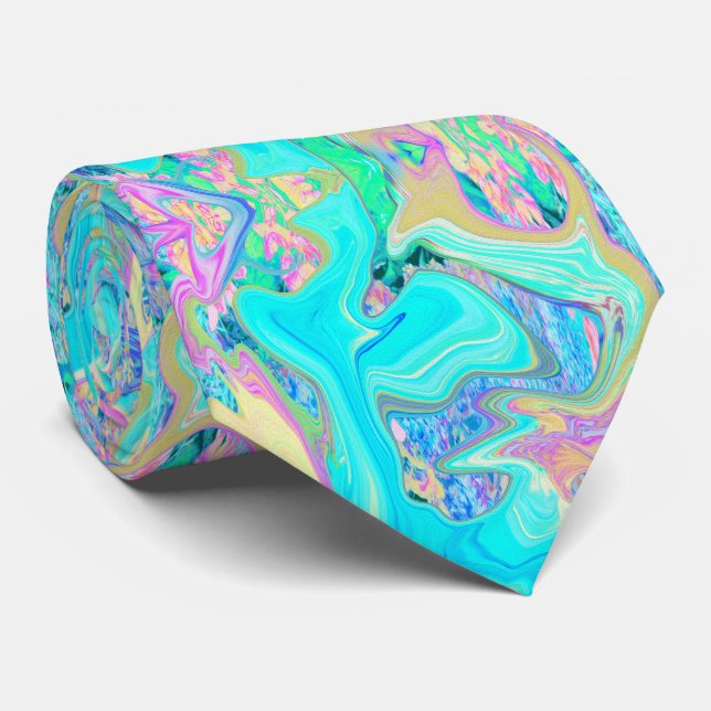 Retro Aqua Blue Liquid Art on Abstrakt Hydrangeas Krawatte (Gerollt)