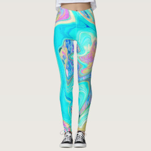 Retro Aqua Blue Liquid Art on Abstrakt Hydrangeas Leggings