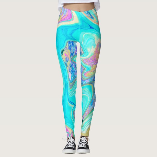 Retro Aqua Blue Liquid Art on Abstrakt Hydrangeas Leggings (Vorderseite)