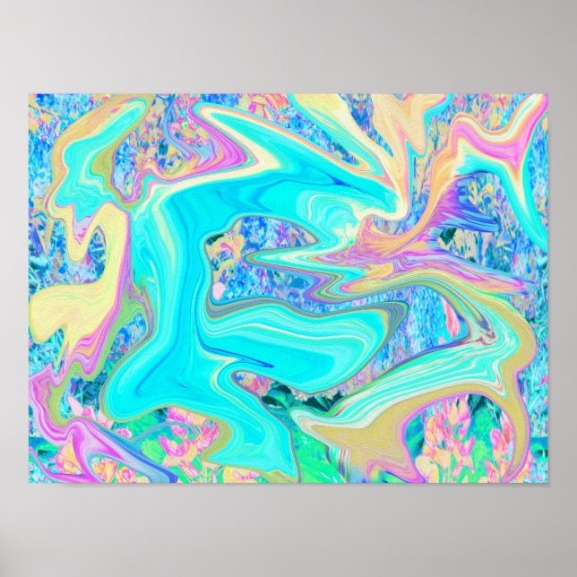 Retro Aqua Blue Liquid Art on Abstrakt Hydrangeas Poster (Vorne)