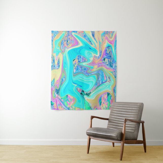 Retro Aqua Blue Liquid Art on Abstrakt Hydrangeas Wandteppich (Beispiel)