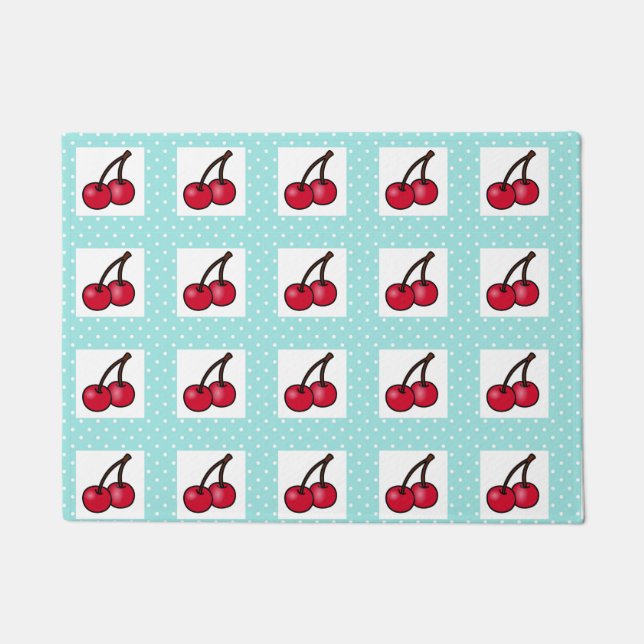Retro Aqua Dots and Cherries Fußmatte (Vorderseite)
