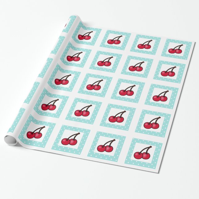 Retro Aqua Dots Cherries Geschenkpapier (Ungerollt)
