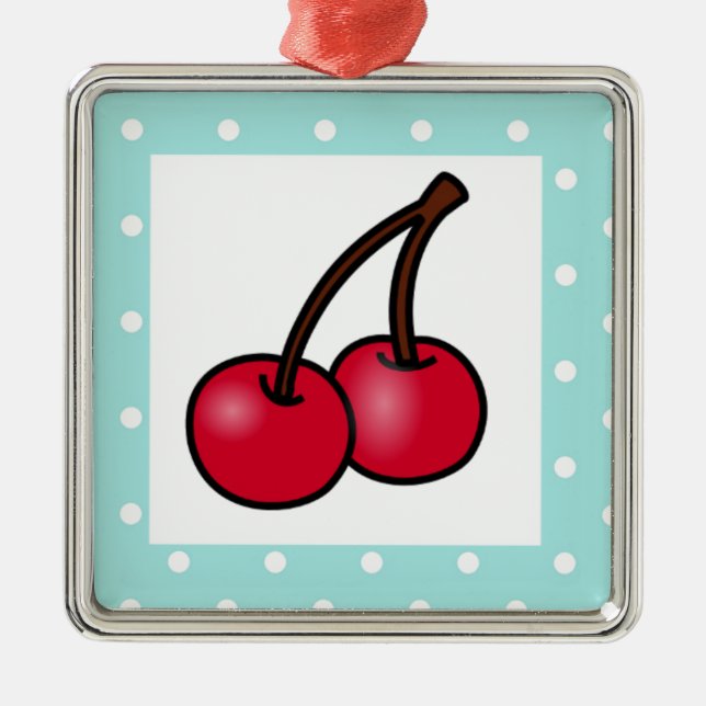 Retro Aqua Dots Cherries Ornament Aus Metall (Vorne)