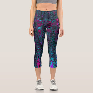 Retro Aqua Magenta und Abstrakte Schwarze Waves Capri Leggings