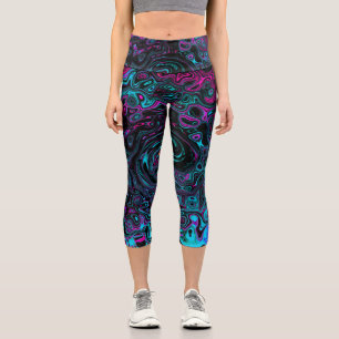 Retro Aqua Magenta und Abstrakter Schwarzer Swirl Capri Leggings