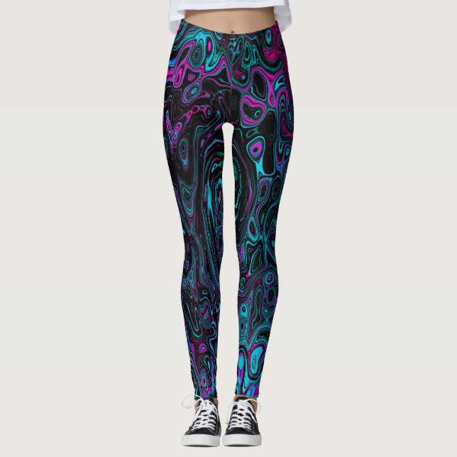 Retro Aqua Magenta und Abstrakter Schwarzer Swirl Leggings (Vorderseite)