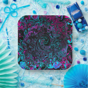 Retro Aqua Magenta und Abstrakter Schwarzer Swirl Pappteller