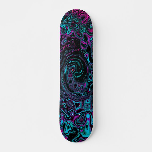 Retro Aqua Magenta und Abstrakter Schwarzer Swirl Skateboard (Vorne)