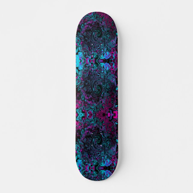 Retro Aqua Magenta und Abstrakter Schwarzer Swirl Skateboard (Vorne)
