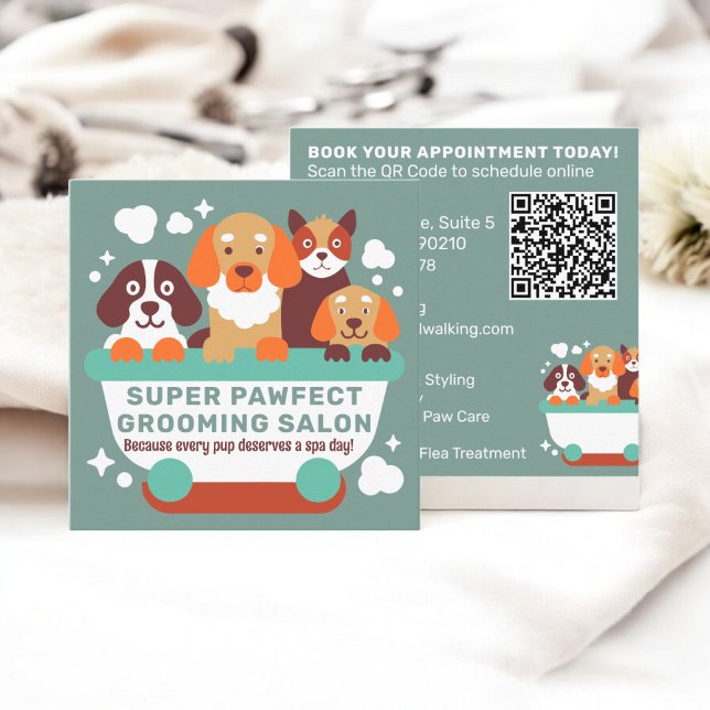 Retro Aquamarin orangefarbene Hunde Erwachsenenalt Quadratische Visitenkarte (Retro Teal orange Dogs Grooming Salon Qr code Square Business Card)