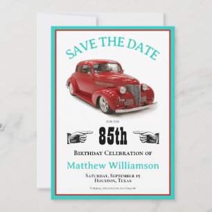 Retro Aquamarin & Red 1939 Coupe 85. Geburtstag Save The Date
