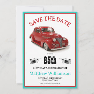 Retro Aquamarin & Red 1939 Coupe 85. Geburtstag Save The Date
