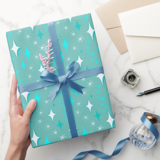 Retro-Aquamarin-White-Star-Muster Geschenkpapier (Schenken)