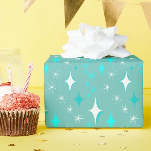 Retro-Aquamarin-White-Star-Muster Geschenkpapier (Geburtstagsparty)