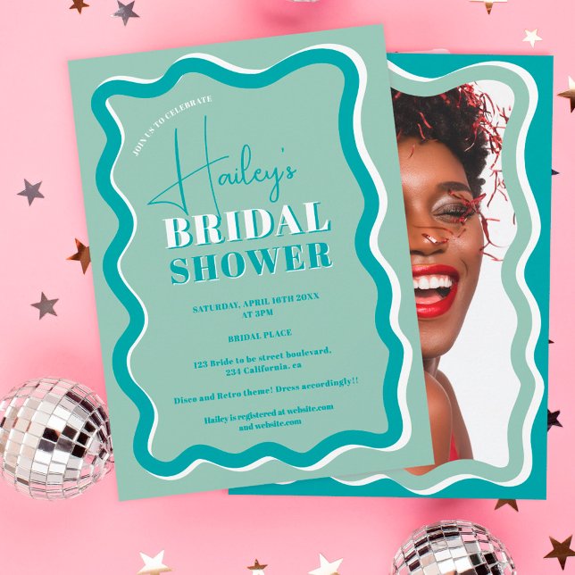 Retro aquamarine blaue Kurve quiggile wavy Brautpa Einladung (Von Creator hochgeladen)