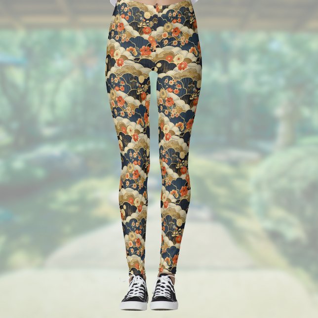 Retro Aquamarine Blumen und Wolken im japanischen  Leggings (Von Creator hochgeladen)