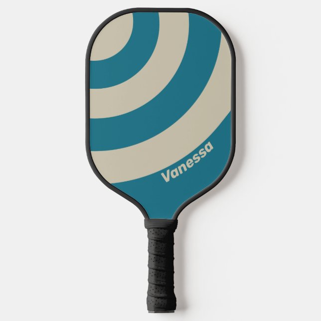 Retro Aquamarine Drei Kreisel Streifen mit Name Pickleball Schläger (Vorderseite)
