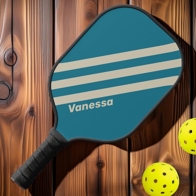 Retro Aquamarine Drei Streifen mit Namen Pickleball Schläger (Von Creator hochgeladen)
