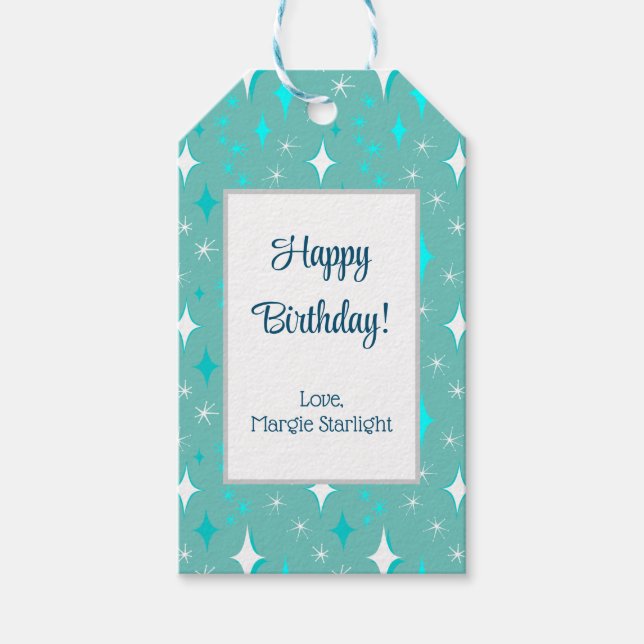 Retro-Aquamarines und White Star-Muster bearbeitba Geschenkanhänger (Vorderseite)