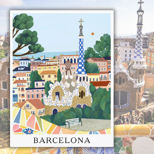Retro-Aquarell Barcelona Spanien Reise Postkarte