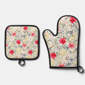 Retro-Aquarell-Blumen Ofenhandschuh & Topflappen-Set