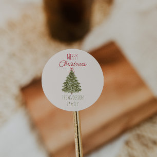 Retro-Aquarell Grün Rote Weihnachtsbaum Vintage Runder Aufkleber