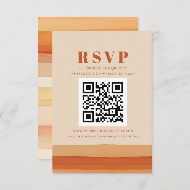 Retro Aquarell Streifen Terracotta Orange QR CODE RSVP Karte (Vorne/Hinten)