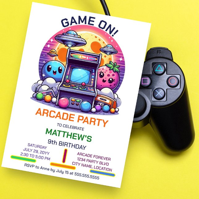 Retro Arcade Birthday Party Einladung (Get ready to step back in time with this customizable fun retro arcade birthday party invitation.)