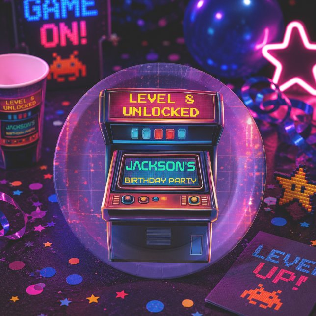 Retro-Arcade-Level-Up-Geburtstagspapierplatten Pappteller (Von Creator hochgeladen)
