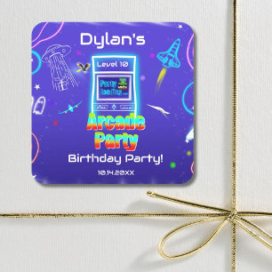 Retro-Arcade-Party zum Geburtstag mit Power-Up Quadratischer Aufkleber