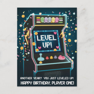Retro Arcade-Themed Geburtstag - "Level Up!" Gamer Postkarte
