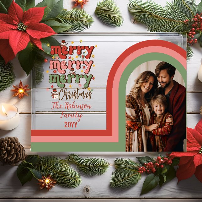 Retro Arch Frohe Weihnachtsfamilie Foto Acryleinladungen ("Merry Merry Christmas" Retro Arched Photo Family Holiday Clear Acrylic Card)
