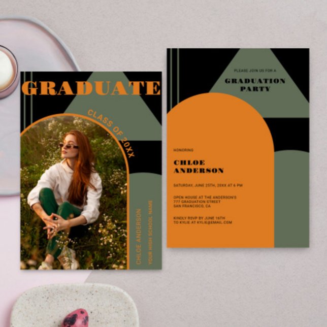 Retro Arch Green & Orange Foto Abschluss Einladung (Von Creator hochgeladen)