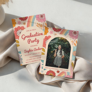Retro Arch Photo Floral Rainbow Graduation Party   Einladung
