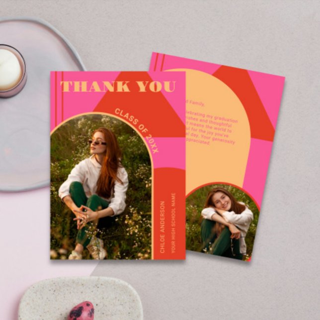 Retro Arch Pink & Orange 2 Foto Abschluss Dankeskarte (Von Creator hochgeladen)
