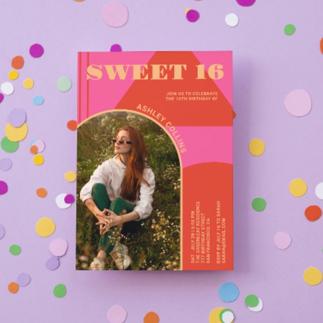 Retro Arch Pink & Orange Foto Sweet 16 Birthday Einladung (Von Creator hochgeladen)