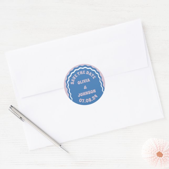 Retro Arch Wedding Date Save the Date blau Runder Aufkleber (Umschlag)