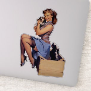 Retro Art Brünettes Button-up Girl and Puppies Hun Aufkleber