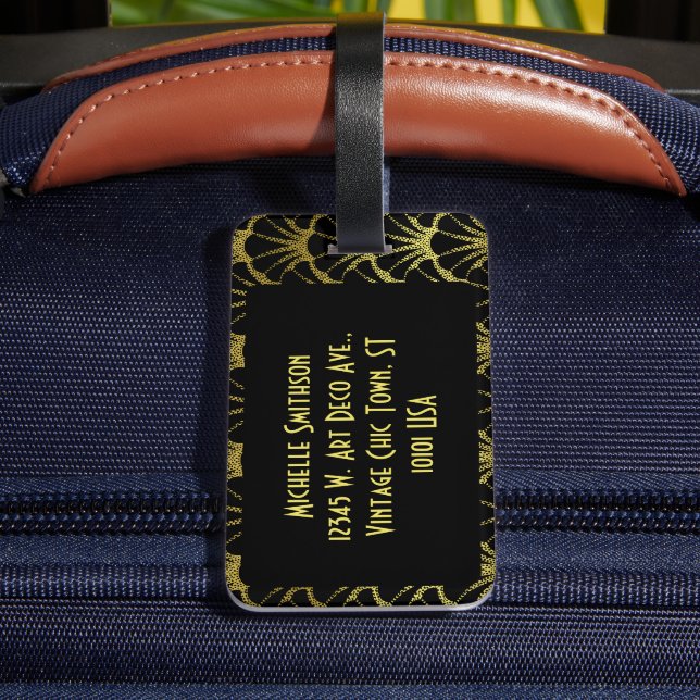 Retro Art Deco Black / Gold Shell Scale Pattern Gepäckanhänger (Rückseite Insitu 4)