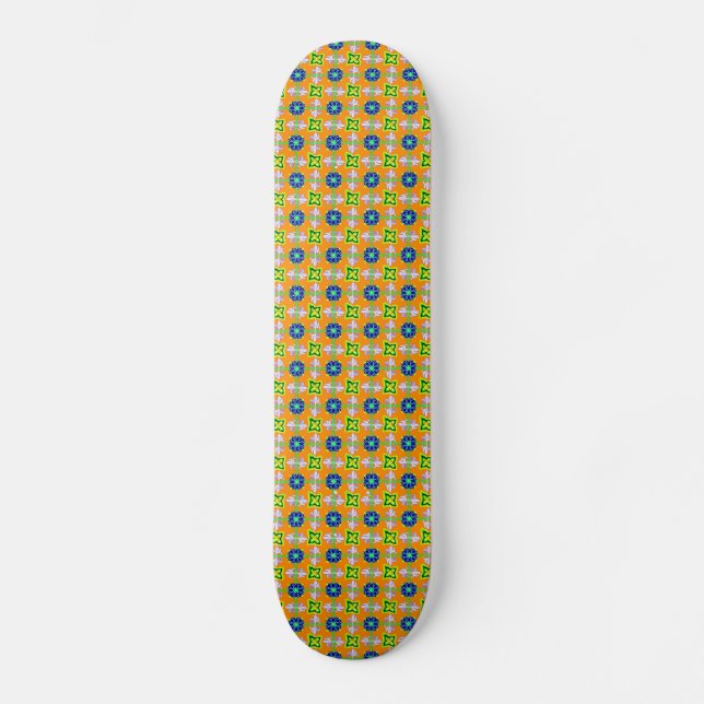 Retro - Art Deco Blumen auf Orange Skateboard (Vorderseite)